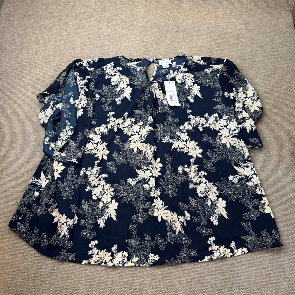 MSRP $48 Liz Claiborne Womens 3X Navy Floral Short Sleeve Blouse Round Neck